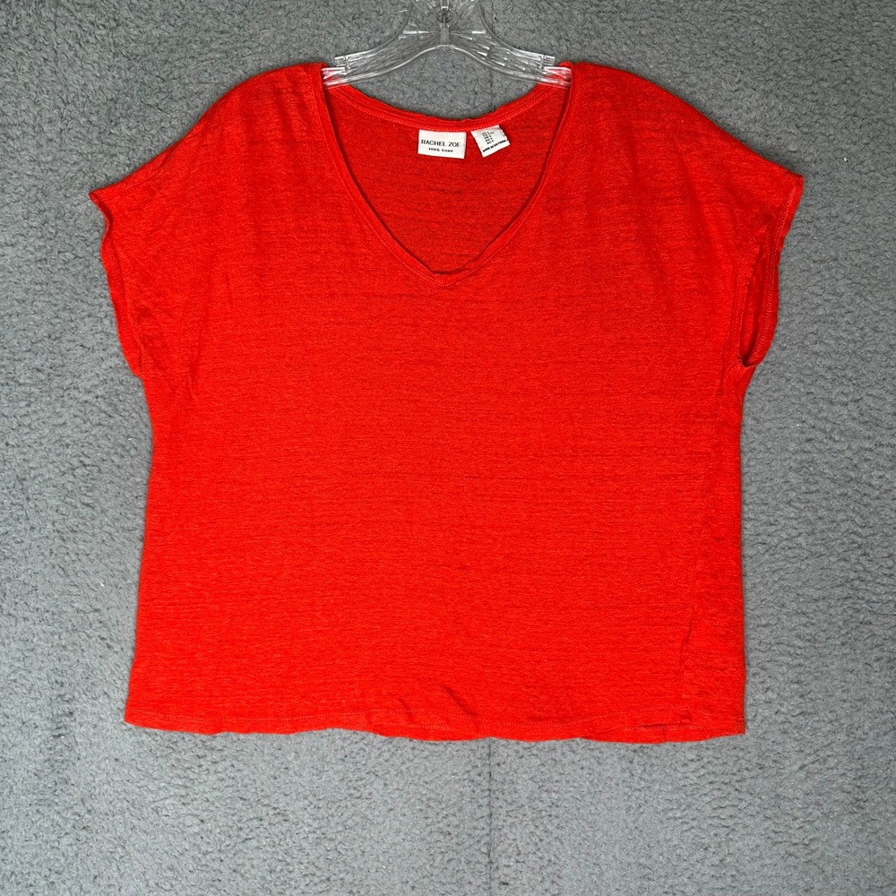 Rachel Zoe Red 100% Linen V-Neck Short Sleeve Boxy Tee Top Womens Large